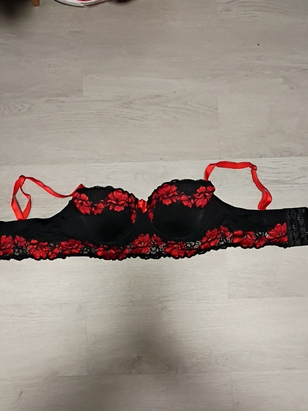 Adore Me Black Bra with Red Floral Lace Accents